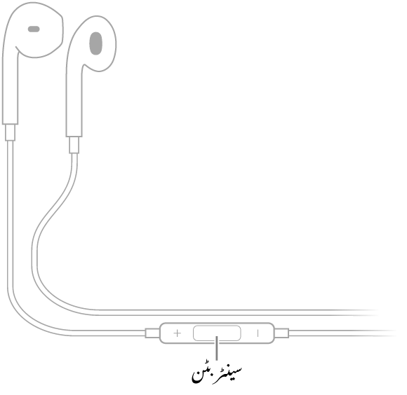 Apple EarPods؛ دائیں کان کے لیے ایئر پیس کی طرف جانے والے تار پر موجود سینٹر بٹن۔