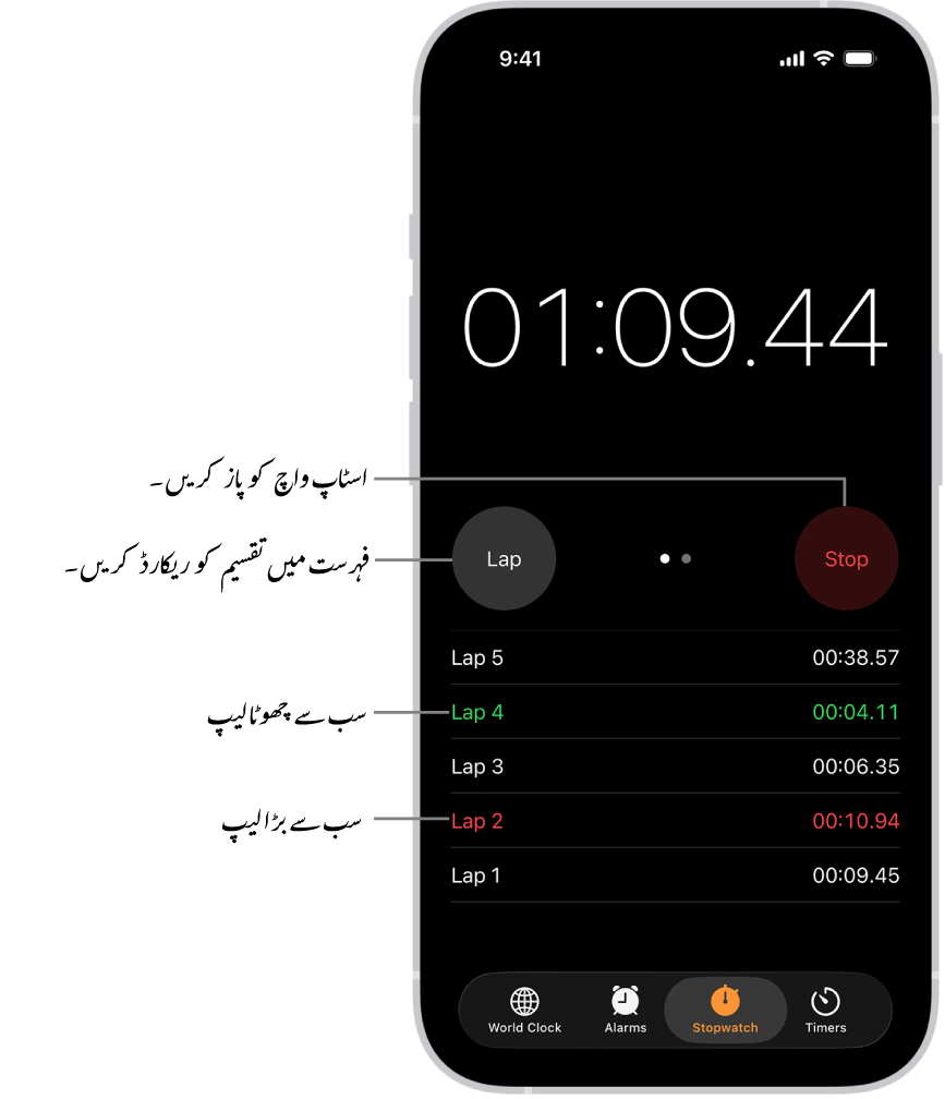 گھڑی ایپ میں اسٹاپ واچ کسی ایونٹ میں گزرے ہوئے مجموعی وقت کو دکھا رہی ہے اور اس کے نیچے اس ایونٹ میں درج کئی لیپس ہیں۔
