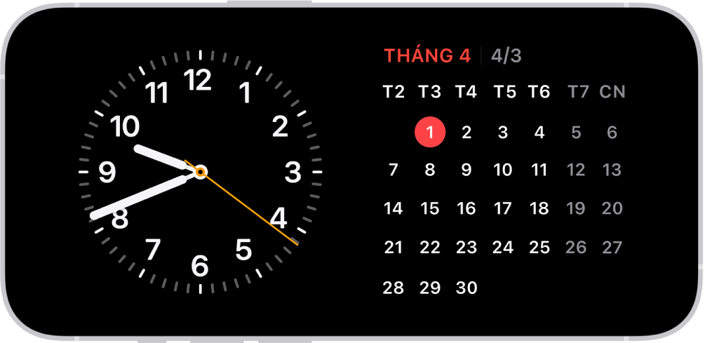 iPhone ở Chế độ chờ trong ánh sáng môi trường yếu, đang hiển thị các tiện ích Đồng hồ và Lịch.