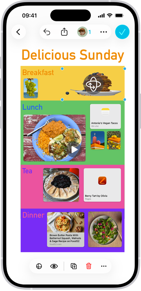 Một bảng Freeform với một số tệp được chèn: một tệp hình ảnh 3D, một liên kết, một video, các nhãn dán và một ảnh. Tệp hình ảnh 3D được chọn và nút xoay cũng như các công cụ định dạng được hiển thị.