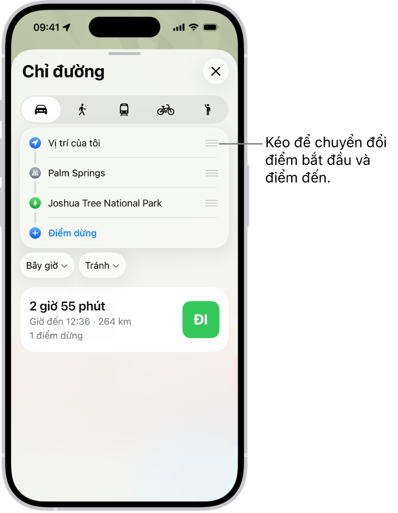 Một bản đồ với một số lộ trình có thể sử dụng cho chỉ đường lái xe giữa Vị trí của tôi và một điểm đến.