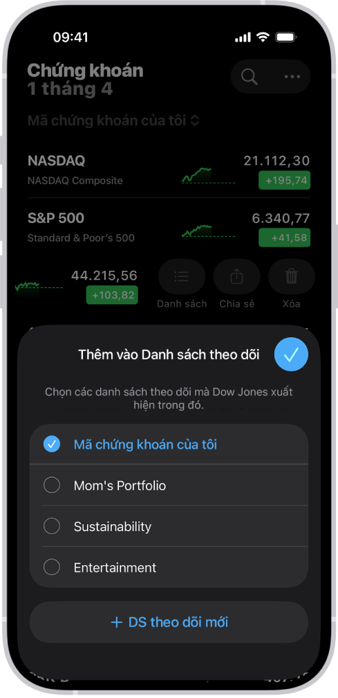 Một loạt danh sách theo dõi được tùy chỉnh trong ứng dụng Chứng khoán: Mã chứng khoán của tôi, Danh mục của mẹ, Tính bền vững và Giải trí.