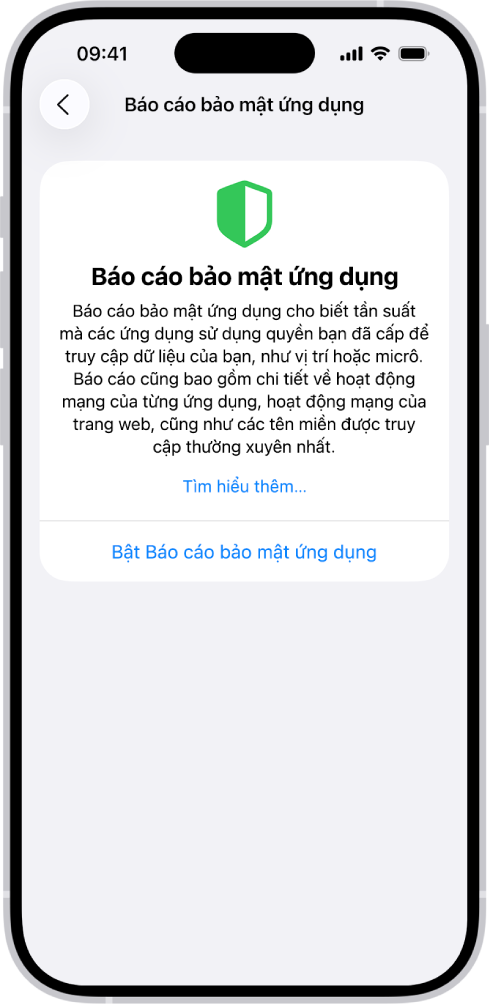 Một Báo cáo bảo mật ứng dụng đang liệt kê thông tin về các ứng dụng cho danh mục Truy cập cảm biến & dữ liệu, cũng như thông tin về các ứng dụng cho danh mục Hoạt động mạng của ứng dụng.