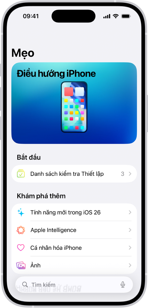 Một màn hình đang hiển thị một bộ sưu tập mẹo với các mũi tên cho biết rằng bạn có thể chạm vào một bộ sưu tập để xem các mẹo trong đó.