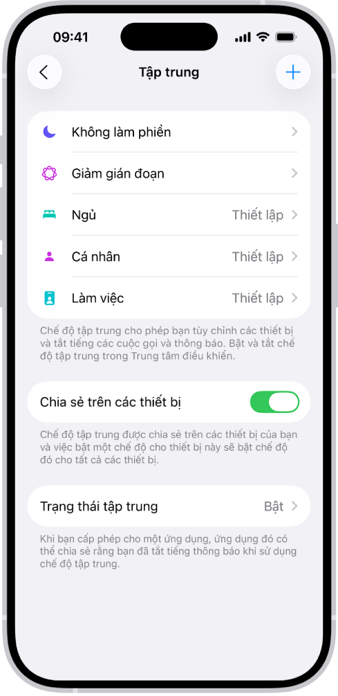 Một màn hình đang hiển thị bốn tùy chọn chế độ tập trung được cung cấp – Không làm phiền, Cá nhân, Ngủ và Làm việc. Nút Chia sẻ trên các thiết bị cho phép bạn sử dụng cùng các cài đặt chế độ tập trung trên tất cả các thiết bị Apple mà bạn đã đăng nhập vào cùng một Tài khoản Apple.