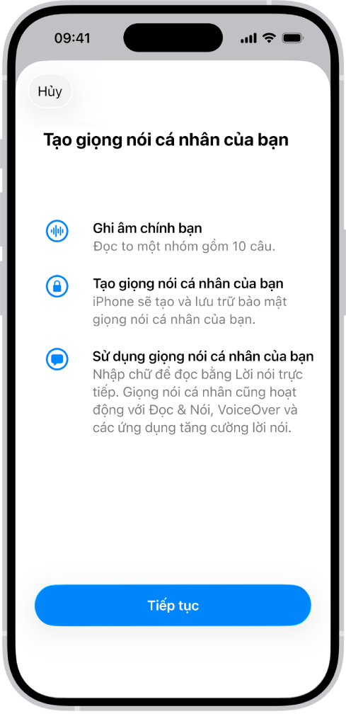 Một iPhone với thông tin về cách tạo Giọng nói cá nhân.