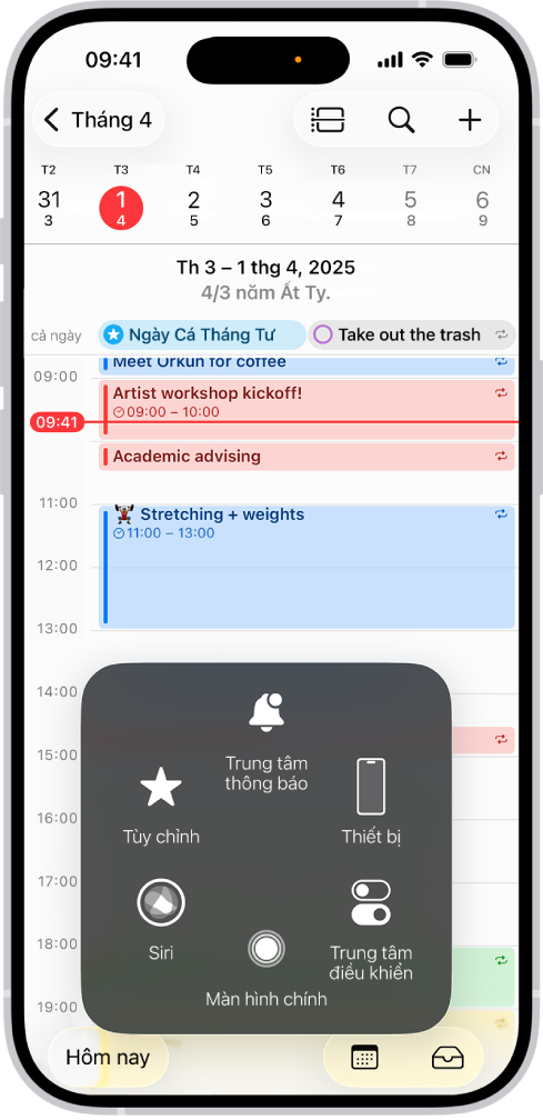 Một iPhone với menu AssistiveTouch hiển thị, đang cho thấy các điều khiển cho Trung tâm thông báo, Thiết bị, Trung tâm điều khiển, Nhà, Cử chỉ và Tùy chỉnh.
