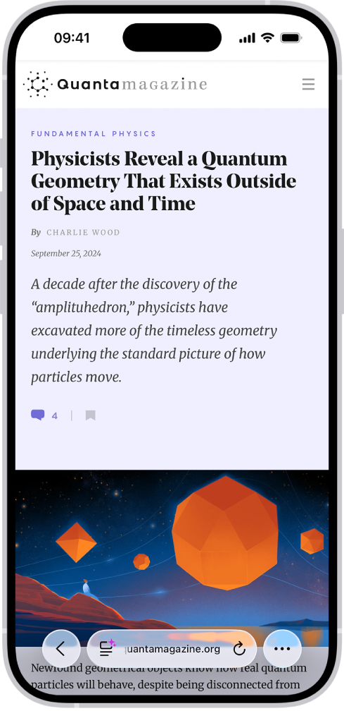 Ứng dụng Safari đang hiển thị bản tóm tắt điểm nổi bật cho một bài viết về vật lý.
