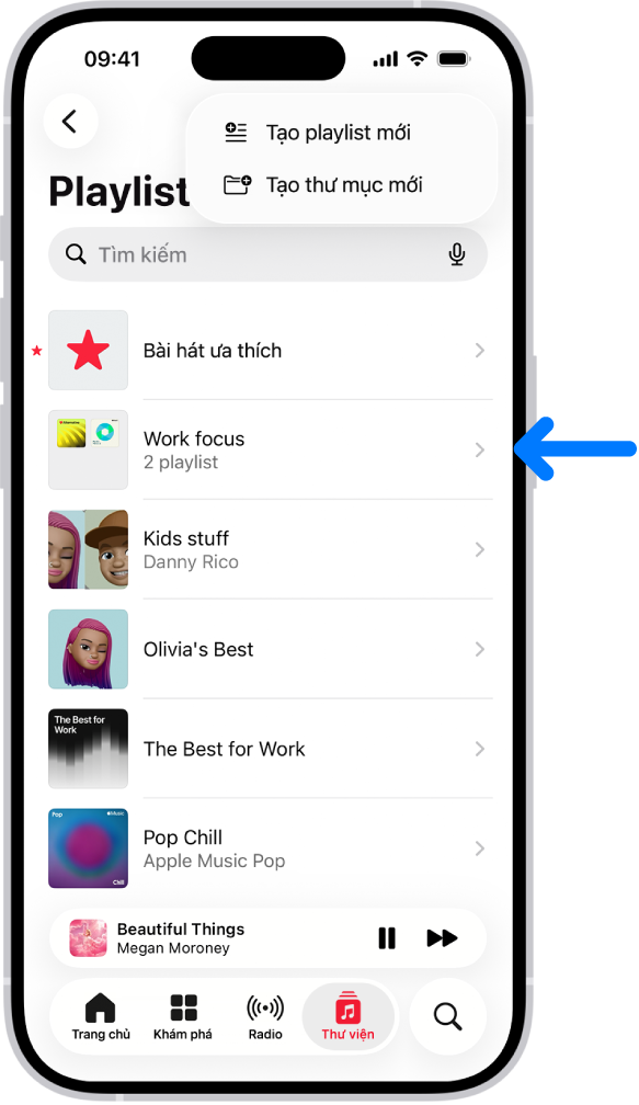 Tab Thư viện đang hiển thị một danh sách các playlist. Ở trên cùng là các nút để tạo playlist mới hoặc tạo thư mục mới. Một mũi tên màu lam đang trỏ vào thư mục playlist có tên Tập trung làm việc.