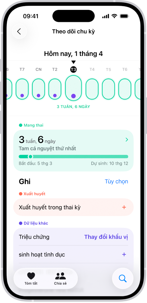 Màn hình Theo dõi chu kỳ với dòng thời gian thai kỳ cho một tuần ở đầu màn hình. Các hình bầu dục màu lục nhạt và các dấu chấm màu tía đánh đấu 5 ngày đầu tiên trên dòng thời gian. Các hình tròn màu lục nhạt có gạch ngang đánh dấu những ngày khác trên dòng thời gian. Bên dưới dòng thời gian là tóm tắt thai kỳ đang hiển thị tuổi thai, ngày bắt đầu và ngày dự sinh ước tính. Bên dưới tóm tắt thai kỳ là các tùy chọn để thêm thông tin về xuất huyết trong thai kỳ, triệu chứng, v.v.