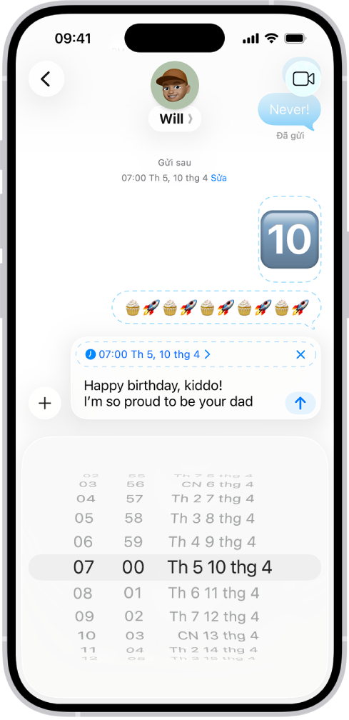 Một cuộc hội thoại Tin nhắn với các tin nhắn được đặt lịch trình để gửi sau.