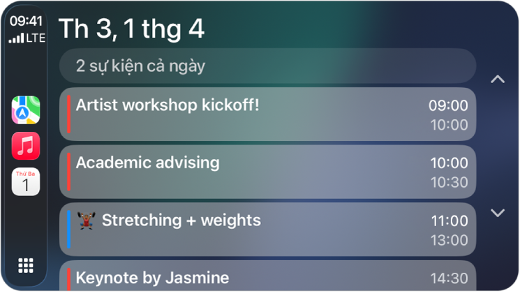 CarPlay đang hiển thị Bản đồ, Nhạc và Lịch trong Thanh bên. Ở bên phải là các sự kiện cho Thứ Hai, ngày 5 tháng 6 cho buổi làm việc về hồ sơ, hội thảo về kỹ năng lãnh đạo, chuẩn bị thuyết trình và thực hành công việc.