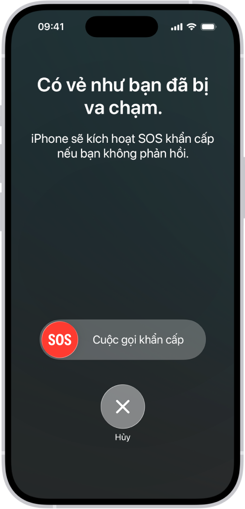 Màn hình Phát hiện va chạm đang hiển thị một thông báo rằng bạn đã bị va chạm, bên dưới đó là thanh trượt SOS cuộc gọi khẩn cấp và nút Hủy.