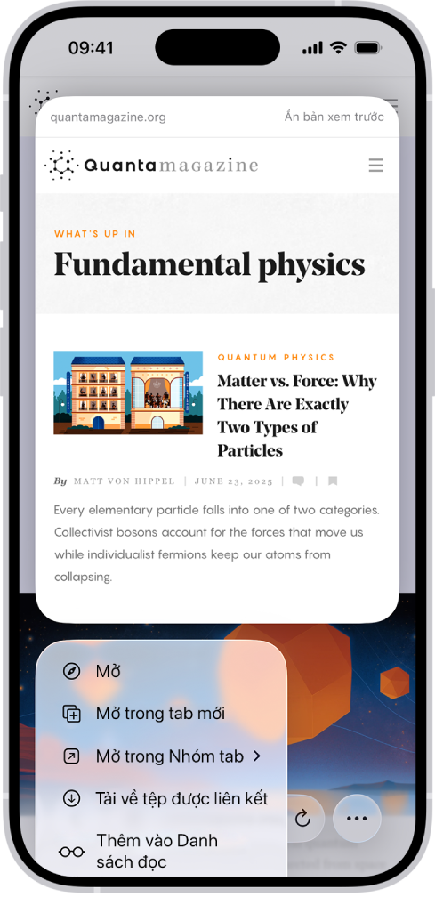 Bản xem trước của một trang web, tiếp theo là danh sách các tác vụ có thể thực hiện: Mở, Mở trong tab mới, Mở trong nhóm tab, Tải về tệp được liên kết, Thêm vào Danh sách đọc.