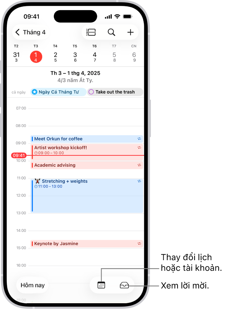 Một lịch ở chế độ xem Ngày đang hiển thị các sự kiện trong ngày. Nút Lịch ở chính giữa dưới cùng của màn hình và nút Hộp thư đến ở dưới cùng bên phải.
