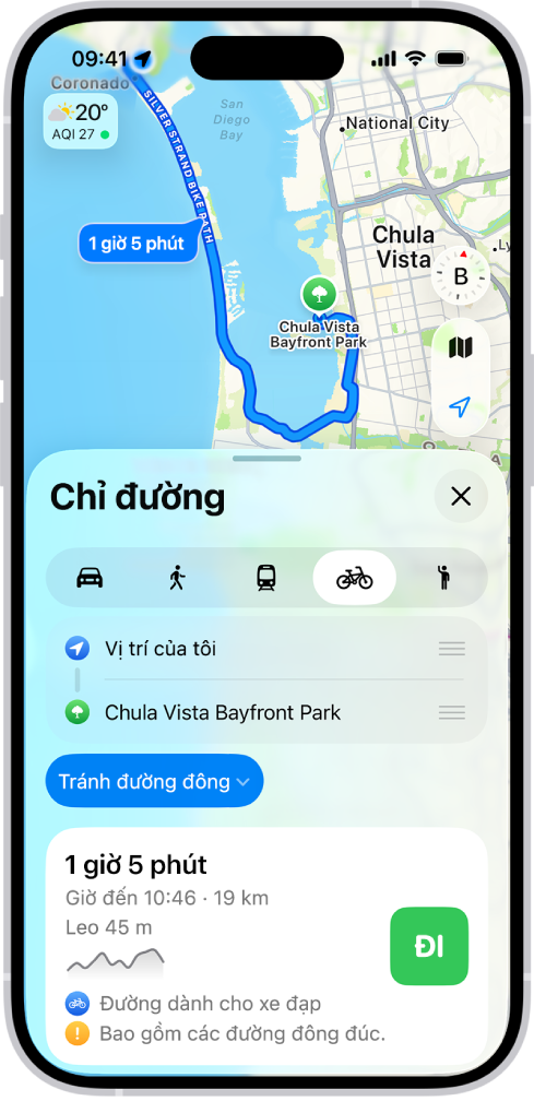 Một bản đồ đang hiển thị các tùy chọn lộ trình đi xe đạp. Thẻ lộ trình ở dưới cùng cung cấp các chi tiết, bao gồm thời gian di chuyển ước tính, thay đổi độ cao và loại đường. Một nút Đi xuất hiện ở bên phải của chi tiết.