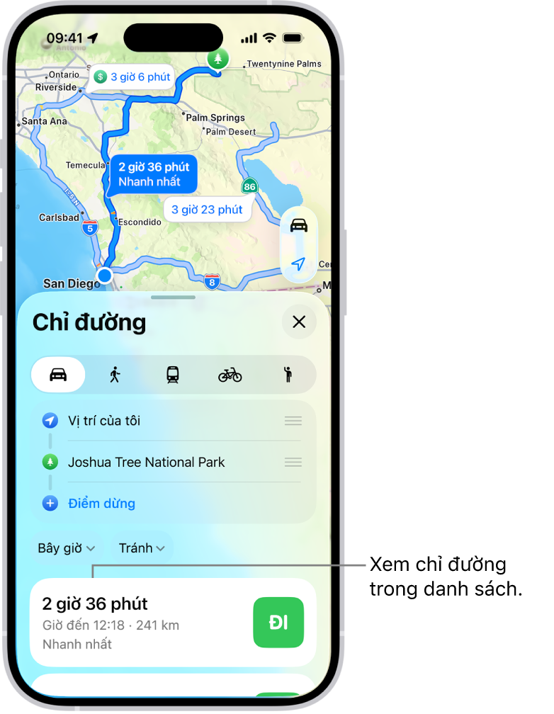 Một thẻ với một vài tùy chọn lộ trình.