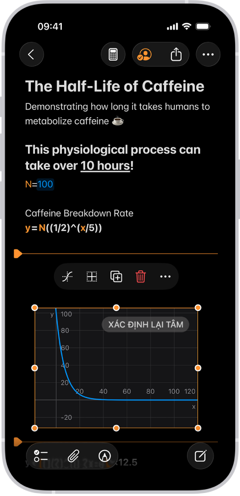 Một Ghi chú toán học đang mở trong Máy tính, với một biến đã khai báo, phương trình và đồ thị.