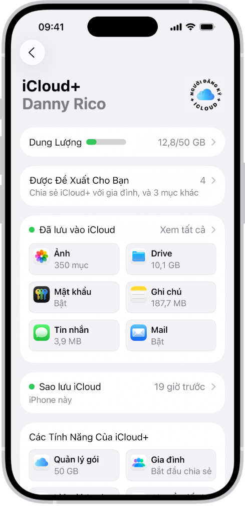 Màn hình cài đặt iCloud đang hiển thị công cụ đo dung lượng iCloud và một danh sách các ứng dụng và tính năng.