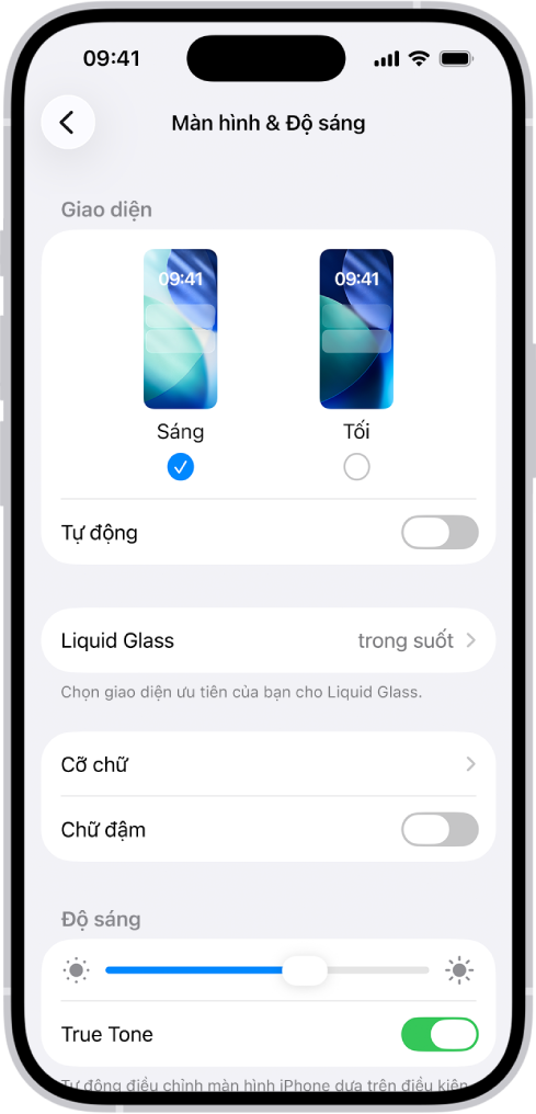 Màn hình Màn hình và Độ sáng trong Cài đặt.