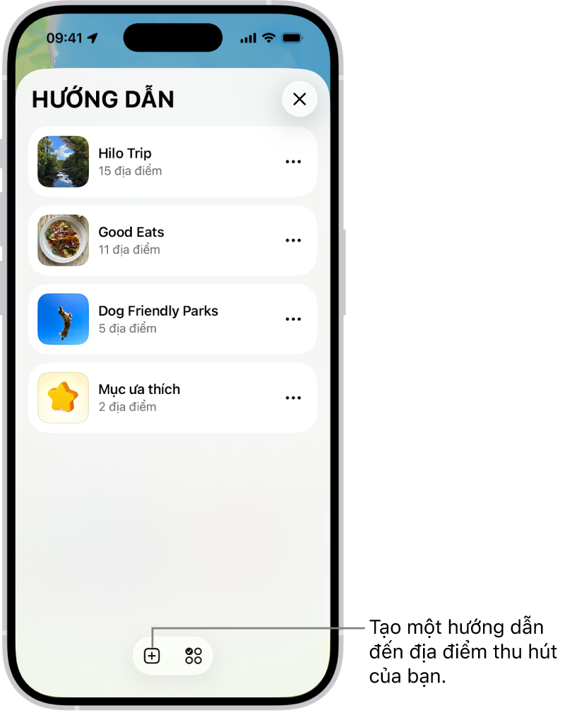Một danh sách các hướng dẫn tùy chỉnh trong Bản đồ, bao gồm danh mục Mục ưa thích và nút Hướng dẫn mới ở dưới cùng bên phải.