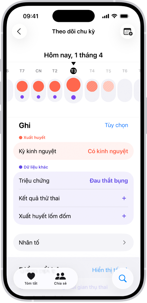 Màn hình Theo dõi chu kỳ đang hiển thị dòng thời gian cho một tuần ở đầu màn hình. Các hình tròn màu đỏ đồng nhất và các dấu chấm màu tía đánh đấu 5 ngày đầu tiên trên dòng thời gian. Bên dưới dòng thời gian là các tùy chọn để thêm thông tin về kỳ kinh nguyệt, triệu chứng, v.v.