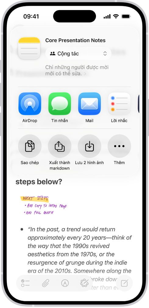 Một ghi chú với một lớp phủ đang hiển thị các tùy chọn chia sẻ.