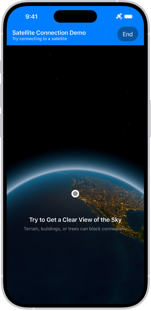 「設定」App 中的衛星連線示範，提供你在 iPhone 14 或較新型號上開啟「訊息」App 並且沒有流動網絡或 Wi-Fi 覆蓋時，所看到內容的預覽。