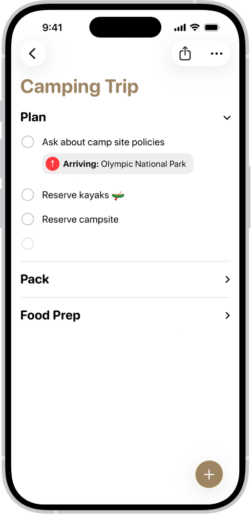「提醒事項」App 顯示一個列表,其中一個部份已展開,其他則收合。