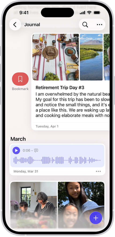 “手记” App 中显示手记的屏幕。一篇手记被向右轻扫,然后显示“书签”按钮。