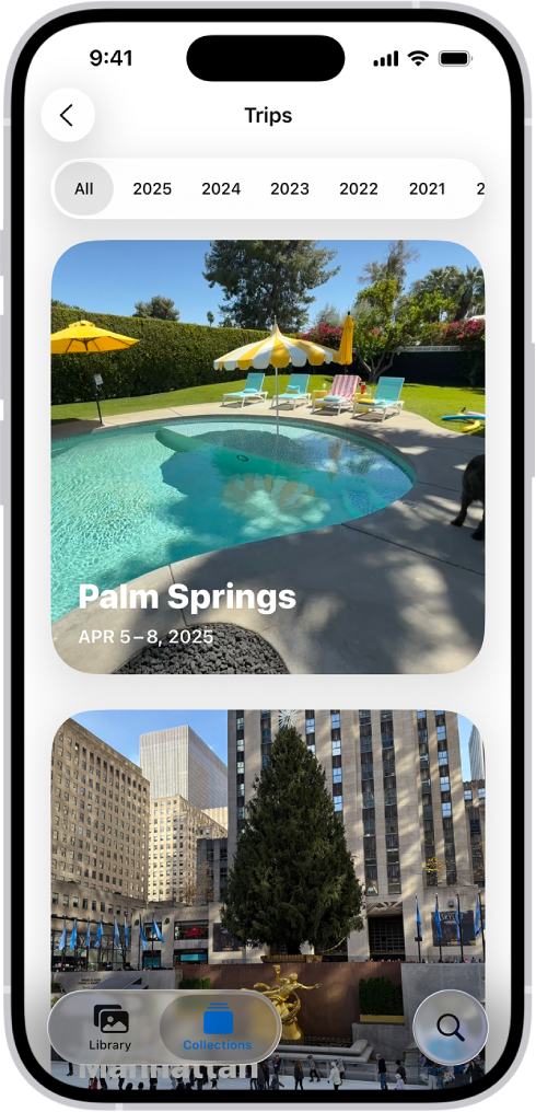 “照片” App 中打开了“旅程”。屏幕顶部一行显示年份。“全部”已选中，其下方是照片精选集，每个精选集来自不同的旅程。