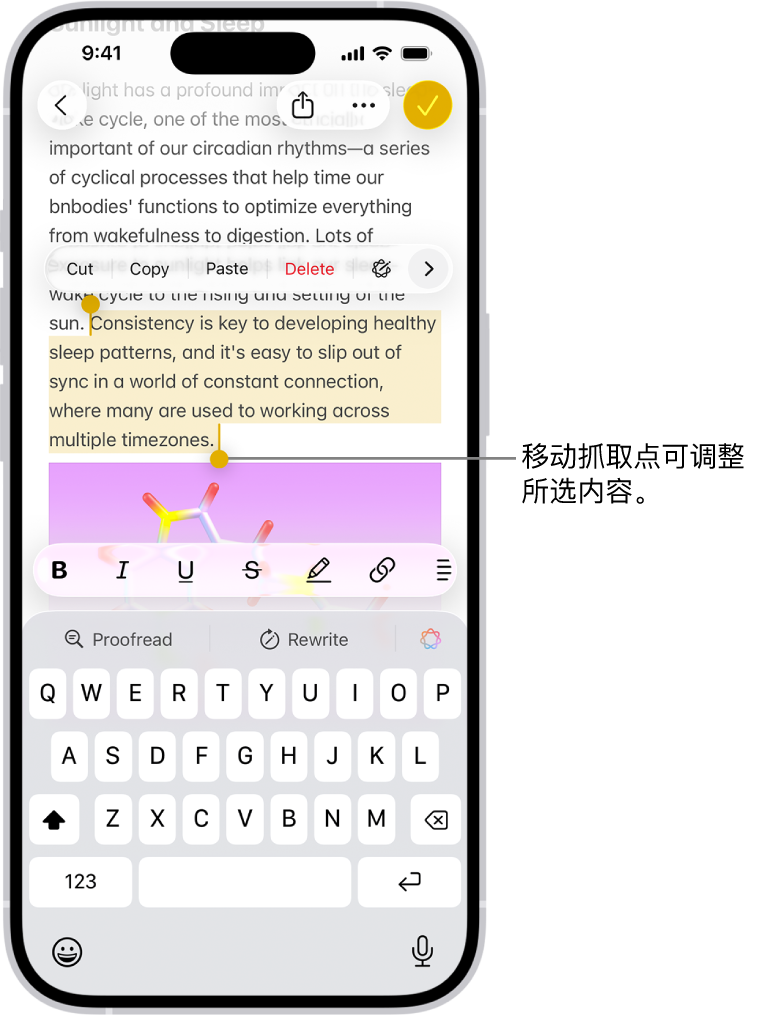 “备忘录” App 的备忘录中选中了文本。所选文本上方是“剪切”、“拷贝”、“粘贴”和“自动填充”按钮。所选文本高亮标记,并带有用于从任一端调整所选内容的抓取点。