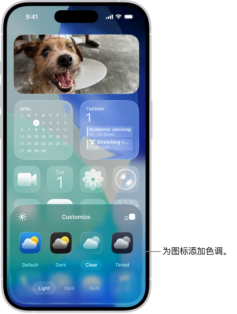 自定义的主屏幕透明图标，设为蓝色调并围绕着照片排列，屏幕底部的控制用于自定义图标。选项包括“自动”、“深色”、“浅色”和“色调”按钮，用于选取颜色和饱和度的选项，以及用于设置图标大小的“小”和“大”按钮。