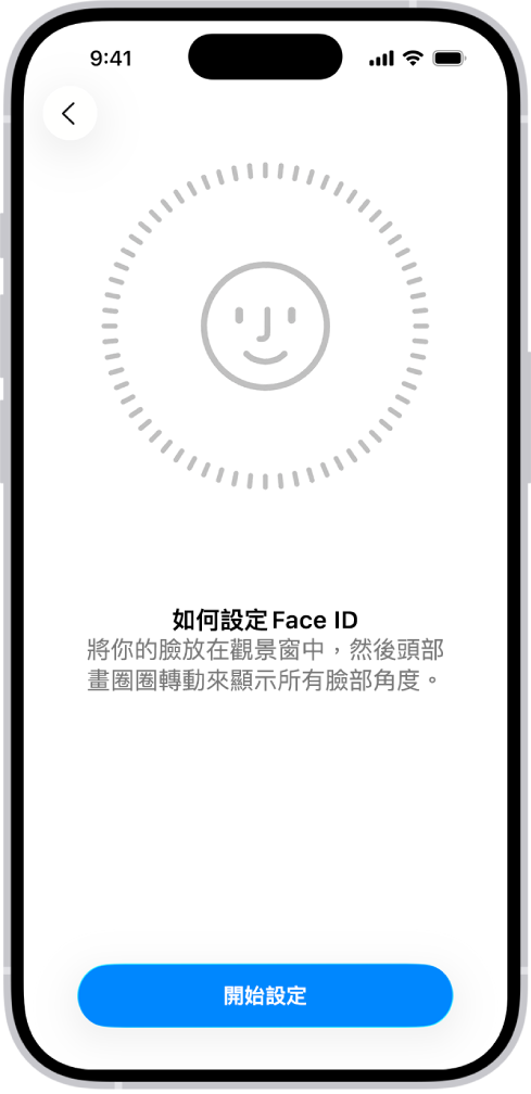 Face ID 識別設定畫面。一張笑臉出現在螢幕上,置於圓圈內。下方的文字指示使用者緩慢移動其頭部以完成圓圈。「開始使用」的按鈕顯示在螢幕底部附近。