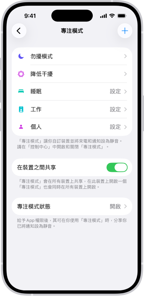 畫面顯示所提供的五個「專注模式」選項:「勿擾模式」、「通話中停止訊息通知」、「睡眠」、「個人」和「工作」。「在所有裝置上共享」選項已開啟,允許相同的「專注模式」設定用於你的不同 Apple 裝置。