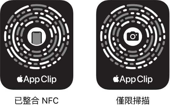 左方為已整合 NFC 的輕巧 App 條碼,iPhone 圖像位於其中央。右方為僅限掃描的輕巧 App 條碼,相機圖像位於其中央。