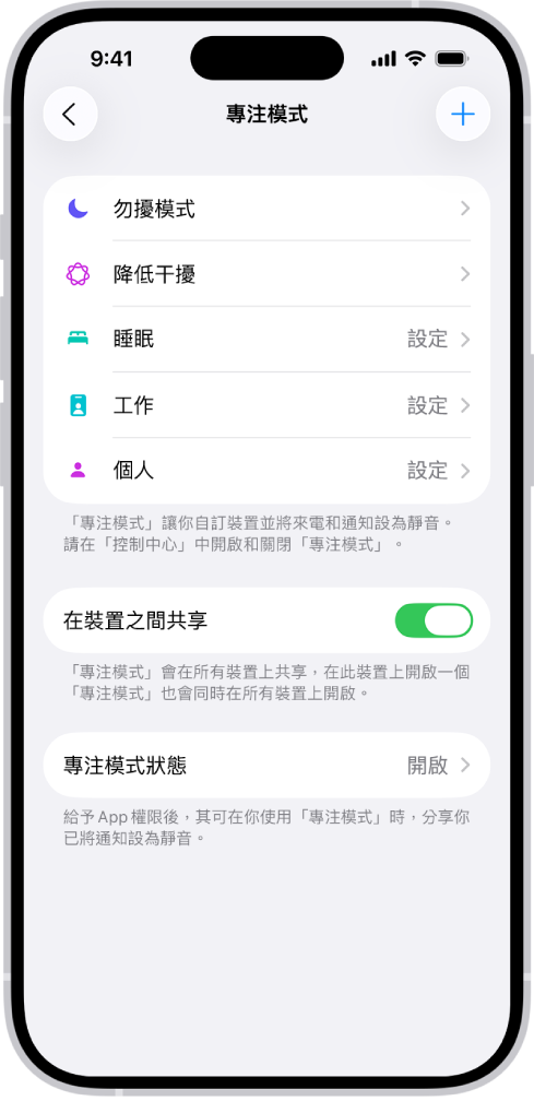 顯示四個所提供「專注模式」選項的畫面：「勿擾模式」、「個人」、「睡眠」和「工作」。「在所有裝置上共享」可讓你在登入同一個「Apple 帳號」的所有 Apple 裝置上取用相同的「專注模式」設定。