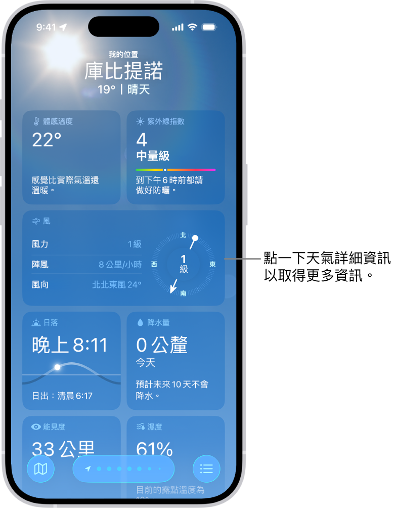 「天氣」App 最上方顯示目前位置，下方是目前溫度和天氣狀況。螢幕其餘部分顯示天氣詳細資料，包括紫外線指數、風向和降水。