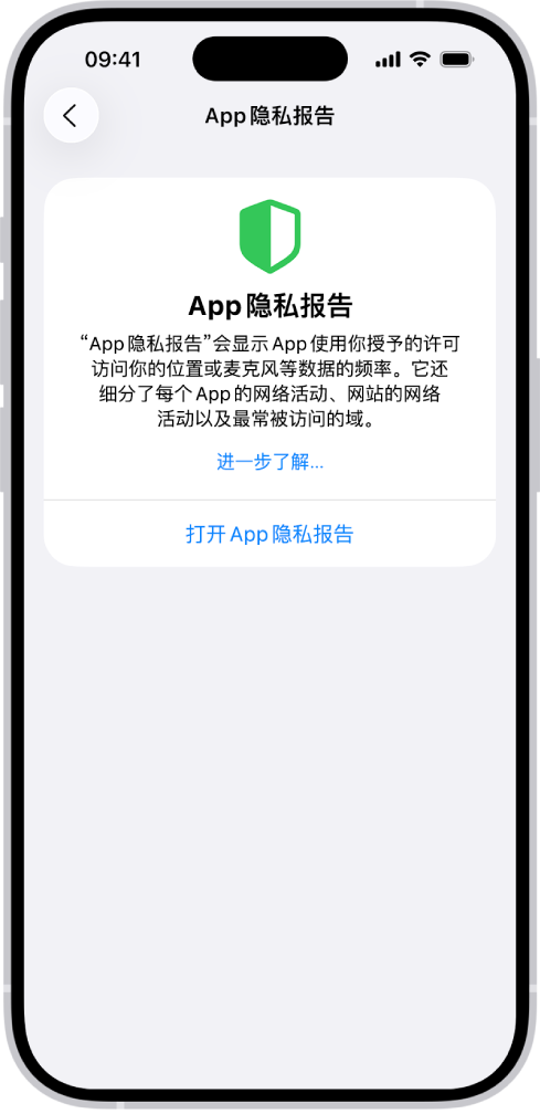 “App 隐私报告”列出了有关“数据与传感器访问”类别中 App 的信息以及“App 网络活动”类别中 App 的信息。