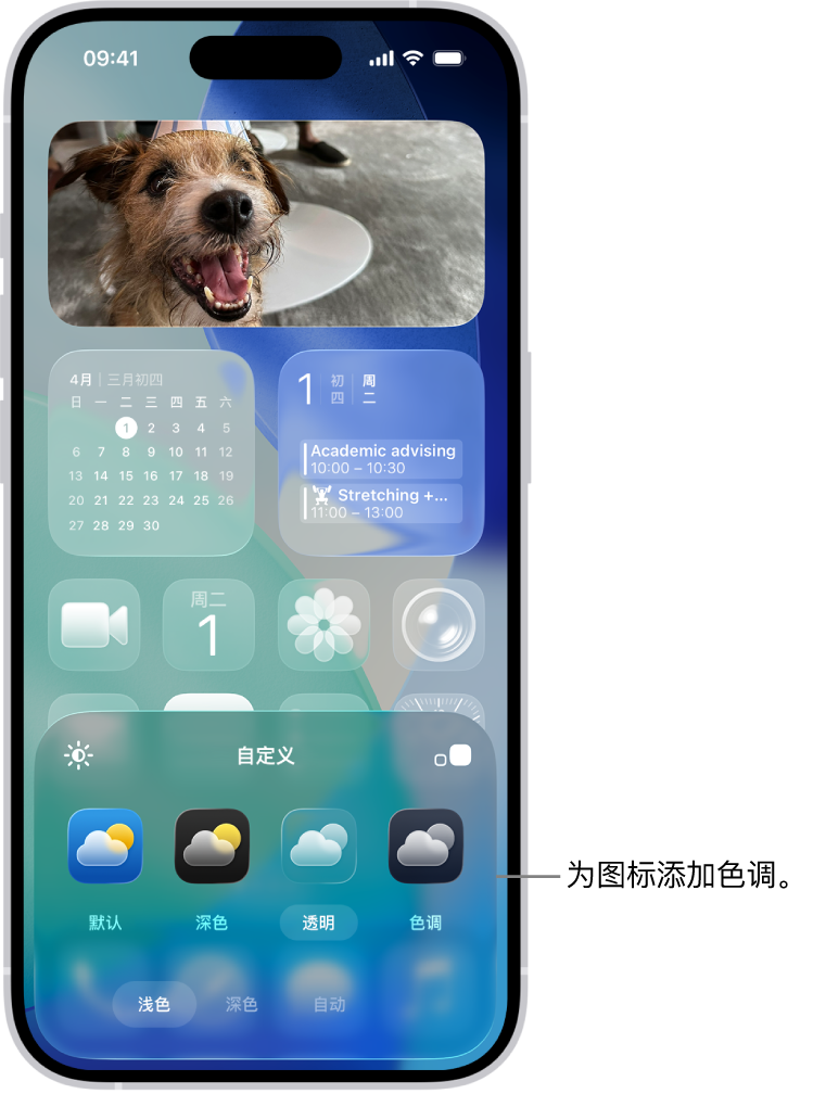 自定义的主屏幕透明图标,设为蓝色调并围绕着照片排列,屏幕底部的控制用于自定义图标。选项包括“自动”、“深色”、“浅色”和“色调”按钮,用于选取颜色和饱和度的选项,以及用于设置图标大小的“小”和“大”按钮。