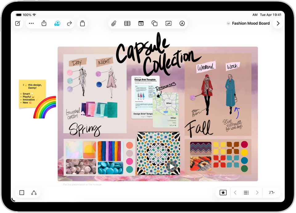 تطبيق المساحة الحرة مفتوح على iPad. تتضمن اللوحة الكتابة اليدوية والنصوص والرسومات والأشكال والملاحظات اللاصقة والروابط والملفات الأخرى.