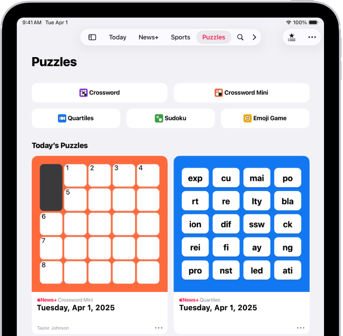 Потокът Puzzles (Пъзели) в приложението News (Новини).