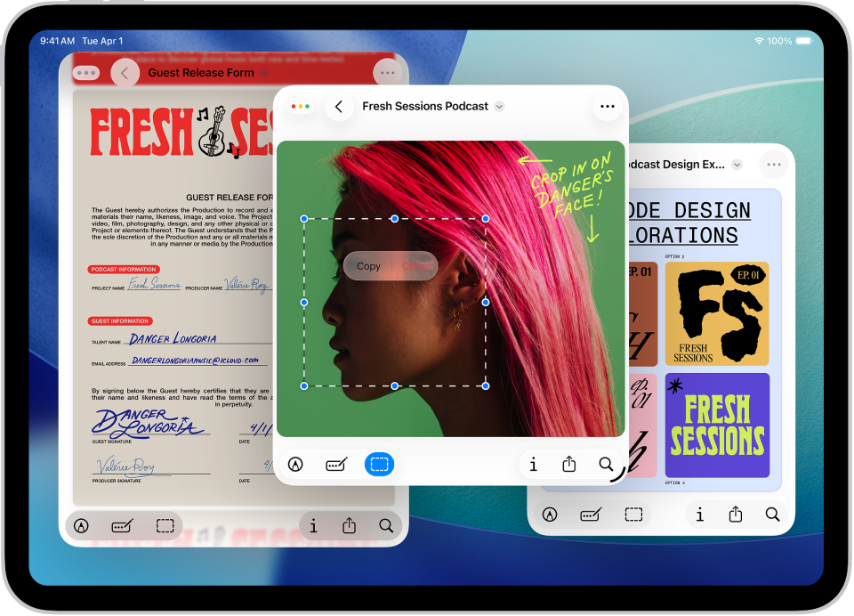 iPad-এ তিনটি ভিন্ন আকারের উইন্ডো খোলা এবং একটি অন্যটির সাথে ওভারল্যাপ করে আছে।
