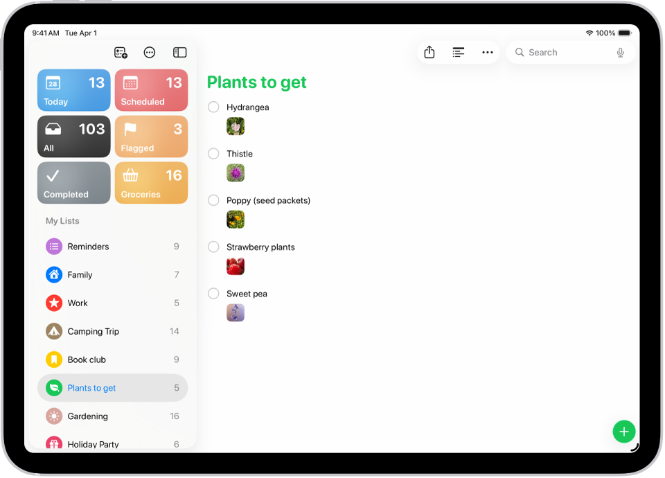 রিমাইন্ডার অ্যাপে প্রতিটি রিমাইন্ডারে ছবি সহ একটি তালিকা দেখা যাচ্ছে।