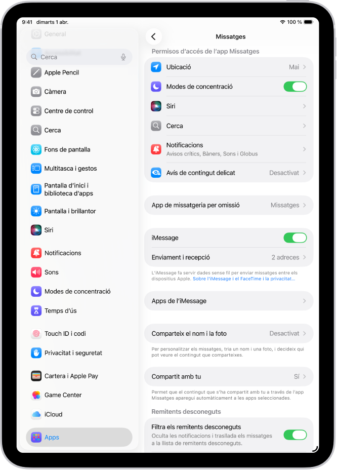 El tauler de configuració de l’app Missatges amb l’iMessage activat.