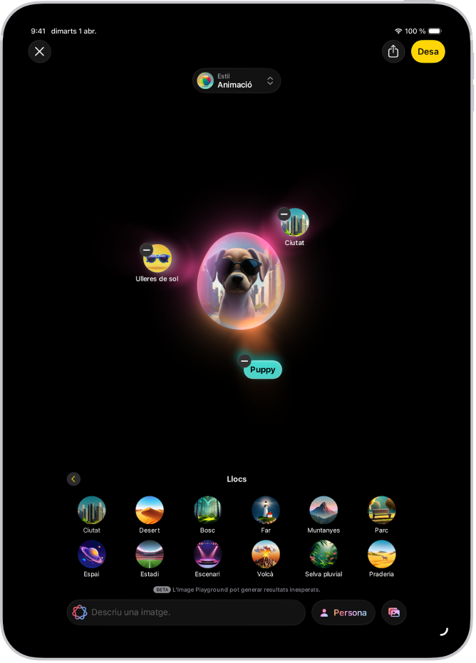 La finestra de l’Image Playground amb una imatge generada d’un gos amb ulleres de sol.