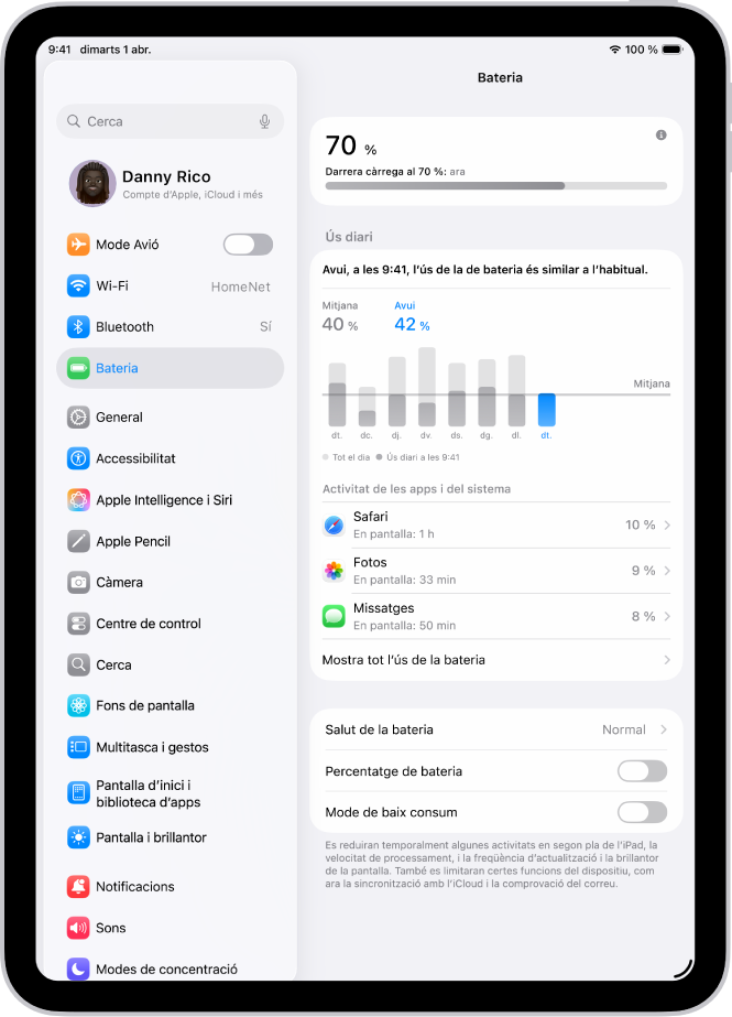 Pantalla de la bateria a l’app Configuració de l’iPad. Mostra un gràfic d’ús diari, la llista d’apps amb el consum de bateria que han fet i opcions de configuració relacionades amb la salut de la bateria, el percentatge de la bateria i el mode de baix consum.