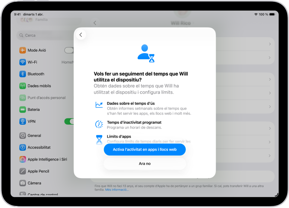 Una pantalla de l’app Configuració amb una finestra emergent en què es mostra la configuració del temps d’ús.
