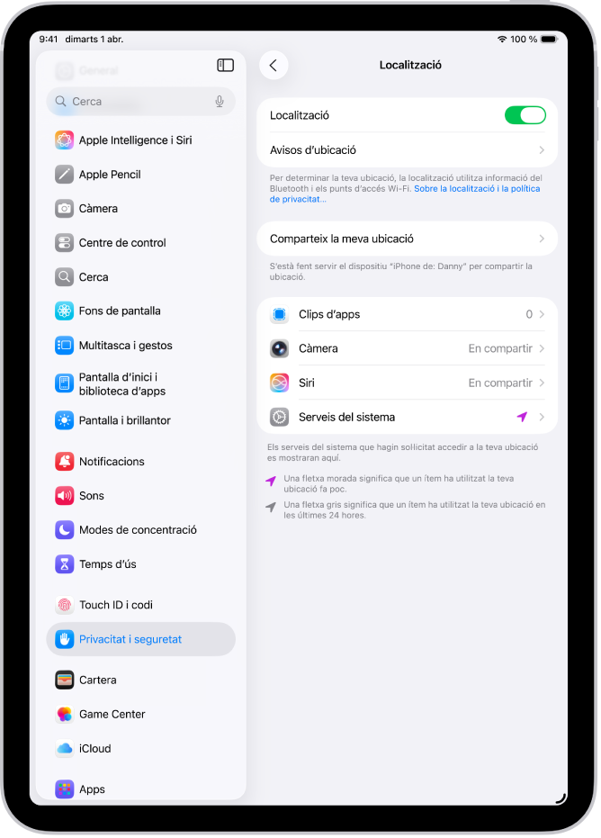 La pantalla “Localització” amb la configuració per compartir la ubicació del teu iPad amb apps.