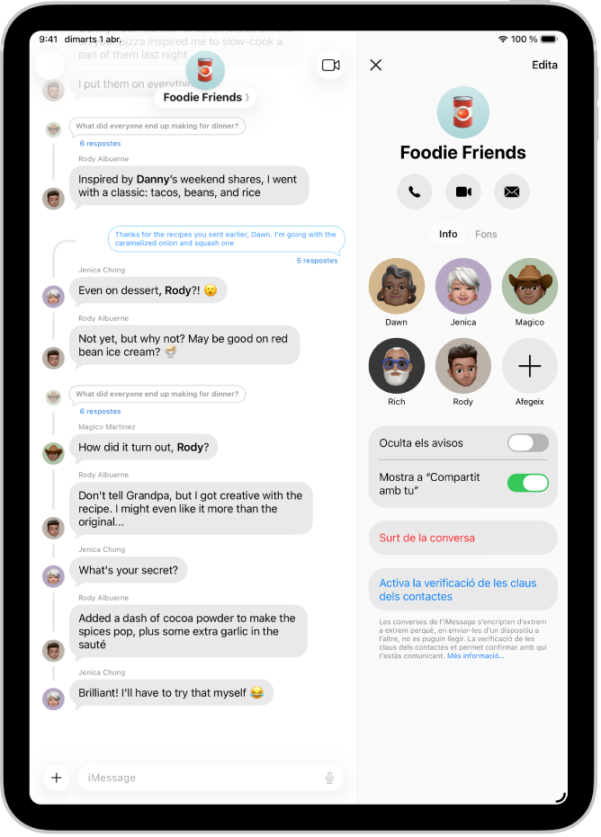 A l’esquerra de la pantalla hi ha una conversa de grup a l’app Missatges i, a la dreta, es mostren els detalls de la conversa del grup.